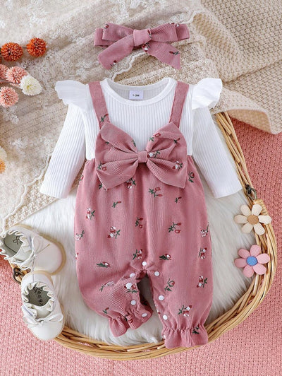 Ditsy bloemenjumpsuit voor babymeisjes met strikdecor en hoofdband, lente herfst